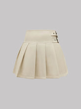Beige Pleated Mini Skirt with Buckle Detail
