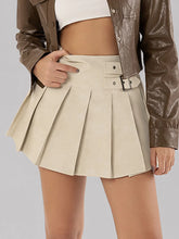 Beige Pleated Mini Skirt with Buckle Detail