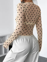 Beige Polka Dot Mesh Long Sleeve Top for Women