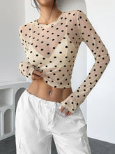 Beige Polka Dot Mesh Long Sleeve Top for Women