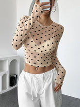 Beige Polka Dot Mesh Long Sleeve Top for Women