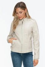 Beige PU Leather Biker Jacket with Side Zip Pockets for Women Woman Outerwear