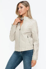 Beige PU Leather Biker Jacket with Side Zip Pockets for Women Woman Outerwear