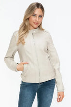 Beige PU Leather Biker Jacket with Side Zip Pockets for Women Woman Outerwear