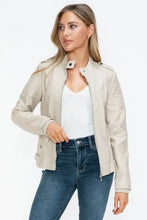 Beige PU Leather Biker Jacket with Side Zip Pockets for Women Woman Outerwear