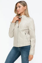 Beige PU Leather Biker Jacket with Side Zip Pockets for Women Woman Outerwear