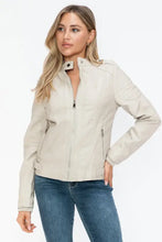 Beige PU Leather Biker Jacket with Side Zip Pockets for Women Woman Outerwear