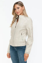 Beige PU Leather Biker Jacket with Side Zip Pockets for Women Woman Outerwear