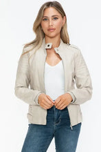 Beige PU Leather Biker Jacket with Side Zip Pockets for Women Woman Outerwear