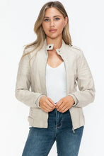 Beige PU Leather Biker Jacket with Side Zip Pockets for Women Woman Outerwear