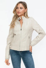 Beige PU Leather Biker Jacket with Side Zip Pockets for Women Woman Outerwear
