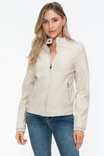 Beige PU Leather Biker Jacket with Side Zip Pockets for Women Woman Outerwear