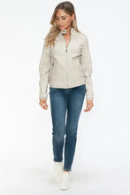 Beige PU Leather Biker Jacket with Side Zip Pockets for Women Woman Outerwear