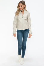 Beige PU Leather Biker Jacket with Side Zip Pockets for Women Woman Outerwear