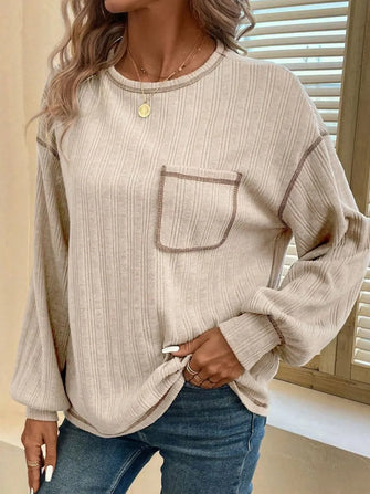 Beige Ribbed Knit Long Sleeve Top with Pocket Dust Storm