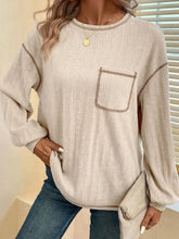 Beige Ribbed Knit Long Sleeve Top with Pocket