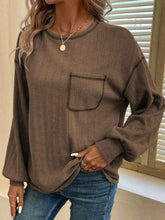 Beige Ribbed Knit Long Sleeve Top with Pocket