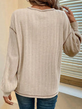 Beige Ribbed Knit Long Sleeve Top with Pocket