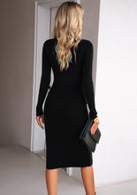 Beige Ribbed Knit Midi Dress with Long Sleeve Length and Slit