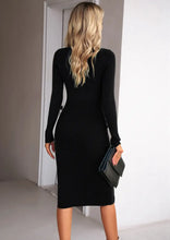 Beige Ribbed Knit Midi Dress with Long Sleeve Length and Slit Woman Sweater Dresses