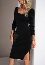 Beige Ribbed Knit Midi Dress with Long Sleeve Length and Slit Black