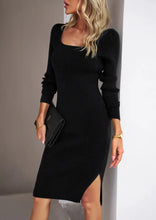 Beige Ribbed Knit Midi Dress with Long Sleeve Length and Slit Black Woman Sweater Dresses