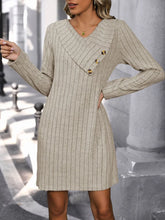 Beige Ribbed Knit Sweater Dress with Decorative Button Detail Khaki