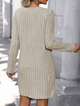 Beige Ribbed Knit Sweater Dress with Decorative Button Detail