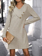 Beige Ribbed Knit Sweater Dress with Decorative Button Detail