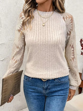 Beige Ribbed Knit Top with Floral Lace Sleeves