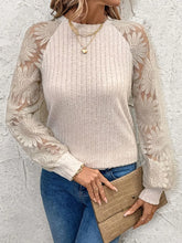 Beige Ribbed Knit Top with Floral Lace Sleeves