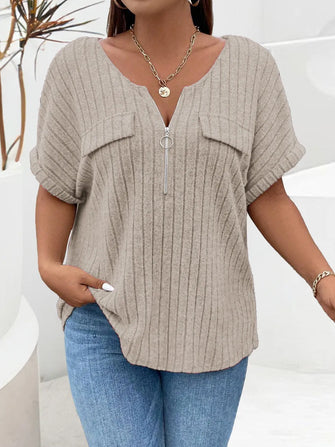 Beige Ribbed Knit Top with Zipper Detail Khaki