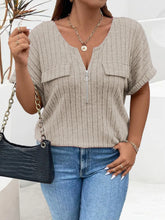 Beige Ribbed Knit Top with Zipper Detail