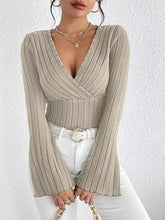 Beige Ribbed Knit Wrap Top for Women Khaki