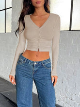 Beige Ribbed Long Sleeve Crop Top for Women