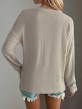 Beige Ribbed V-Neck Long Sleeve Top for Women