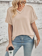 Beige Ribbed V Neck Top with Exposed Seams