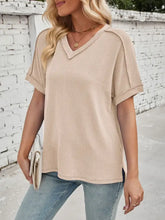 Beige Ribbed V Neck Top with Exposed Seams Woman T Shirts