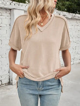 Beige Ribbed V Neck Top with Exposed Seams Woman T Shirts