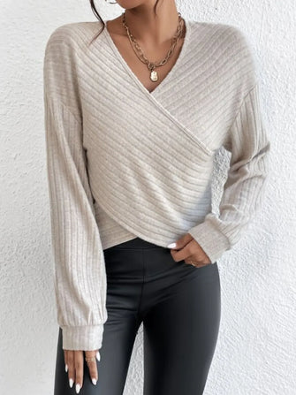 Beige Ribbed Wrap Sweater and Black Leggings Set Dust Storm