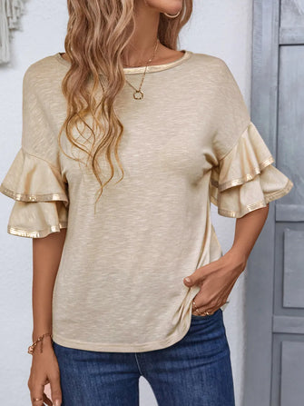 Beige Ruffle Sleeve Stretch Top for Women Tan