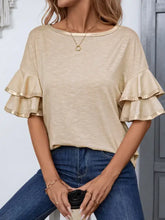 Beige Ruffle Sleeve Stretch Top for Women Woman T Shirts