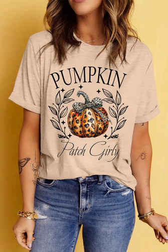 Beige Short Sleeve Pumpkin Graphic T Shirt for Women Tan