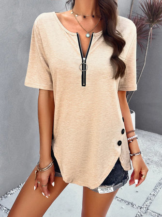 Beige Short Sleeve Stretch Top with Zipper and Button Detail Tan