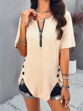 Beige Short Sleeve Stretch Top with Zipper and Button Detail