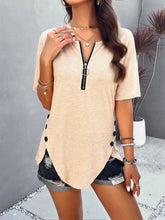 Beige Short Sleeve Stretch Top with Zipper and Button Detail