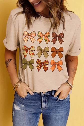 Beige Short Sleeve T Shirt with Fall Bow Pattern for Women Tan