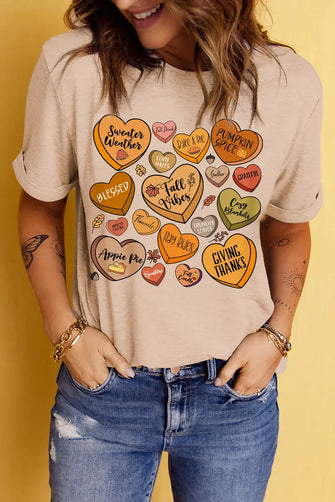Beige Short Sleeve T-Shirt with Fall Candy Heart Graphics Dust Storm