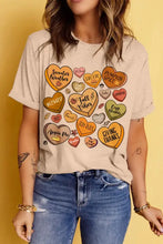 Beige Short Sleeve T-Shirt with Fall Candy Heart Graphics Woman T Shirts