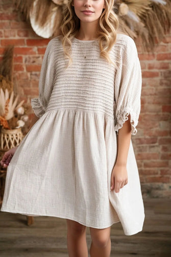 Beige Smocked Babydoll Dress with Stretchy Bodice Beige